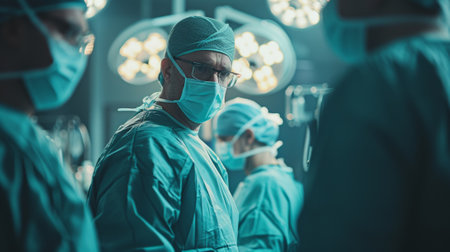 A group of surgeons in scrubs standing together with surgical masks on, AIの素材