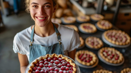 A woman holding a tray of pies with berries on top, AIの素材