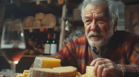 A man sitting at a table with cheese and wine, AIの素材