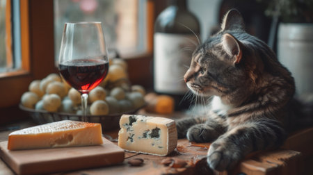 A cat sitting next to a glass of wine and cheese, AIの素材