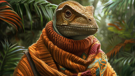A close up of a lizard wearing an orange sweater, AIの素材