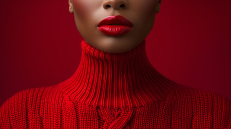 A woman with red lips and a turtle neck sweater, AIの素材