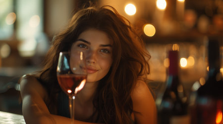 A woman sitting at a bar with wine in glass, AIの素材