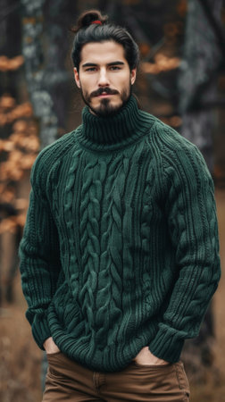 A man in a green sweater and brown pants standing next to trees, AIの素材