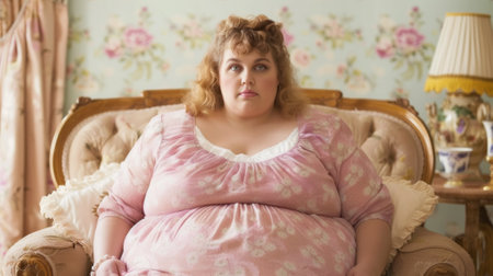 A fat woman sitting in a chair with her hands on the armrests, AIの素材