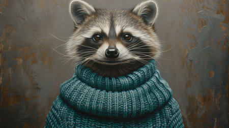 A painting of a raccoon wearing an ugly sweater and looking at the camera, AIの素材