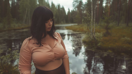 A woman in a bra standing next to water and trees, AIの素材