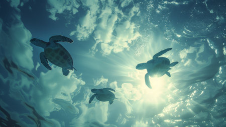 Three turtles swimming in the water under a blue sky, AIの素材