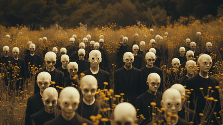A group of people with alien heads standing in a field, AIの素材