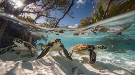Three turtles swimming in the water near some trees, AIの素材