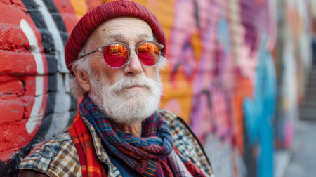 A man with a beard and glasses wearing red scarf, hat and sunglasses, AIの素材