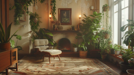 A living room with a fireplace and lots of plants, AIの素材