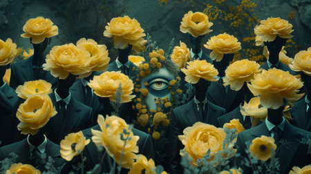 A group of people dressed in suits surrounded by yellow flowers, AIの素材
