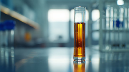 A glass tube filled with liquid on a table in the lab, AIの素材
