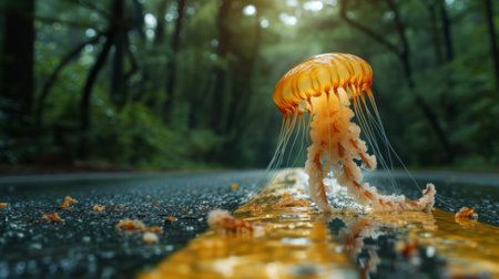 A jellyfish is on the road in a forest, AIの素材