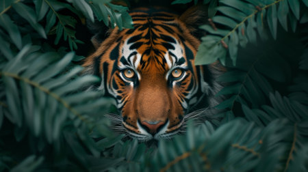 A tiger peeking out from behind a bunch of leaves, AIの素材