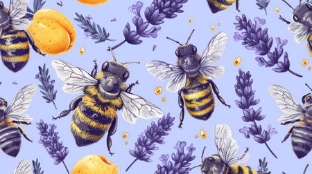 A pattern of a bunch of bees and flowers on blue background, AIの素材