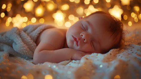 A baby sleeping on a blanket with lights shining in the background, AIの素材