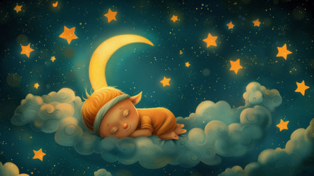 A baby sleeping on a cloud with the moon and stars in the sky, AIの素材