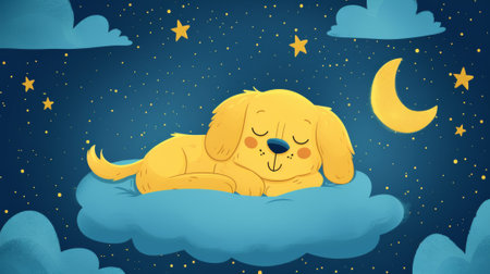 A cartoon dog sleeping on a cloud with stars and moon, AIの素材
