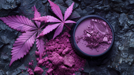 A close up of a purple powder and leaves on the ground, AIの素材