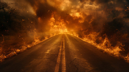A road with fire on both sides of it and a tree in the middle, AIの素材