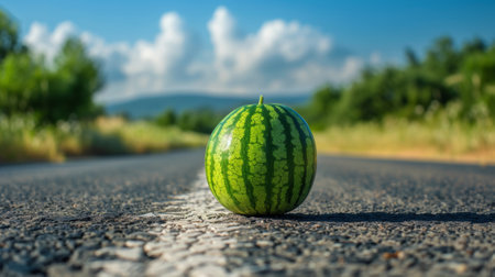 A watermelon sitting on the side of a road with trees in background, AIの素材