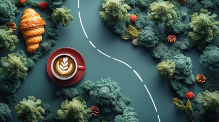 A cup of coffee and croissant on a table surrounded by trees, AIの素材