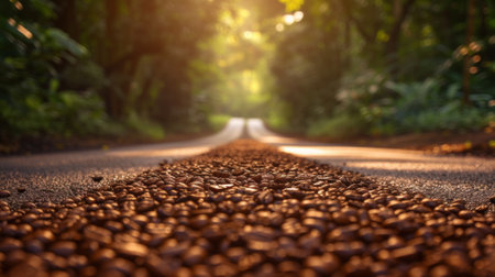 A road with a bunch of coffee beans on it, AIの素材