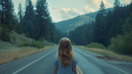 A young girl standing on a road with trees in the background, AIの素材