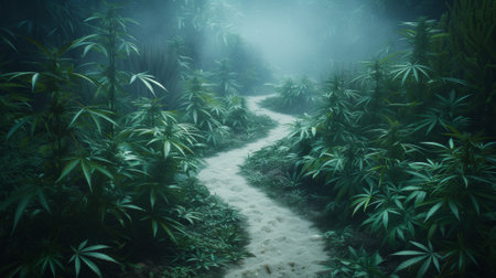 A sandy path through a jungle with plants and trees, AIの素材