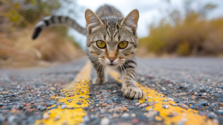 A cat walking on a yellow line in the middle of road, AIの素材
