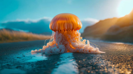 A jellyfish is sitting on the road in front of a car, AIの素材