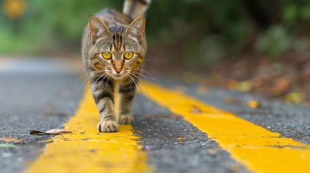 A cat walking across a yellow painted road with its eyes wide open, AIの素材