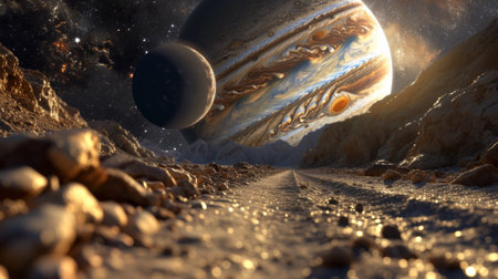 A view of a rocky road leading to the planet jupiter, AIの素材