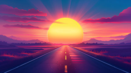 A road leading to the sun with a sunset in front of it, AIの素材