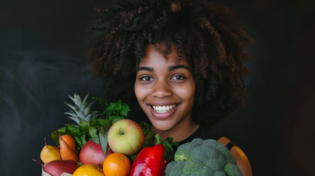 A woman with afro holding a basket of fruits and vegetables, AIの素材
