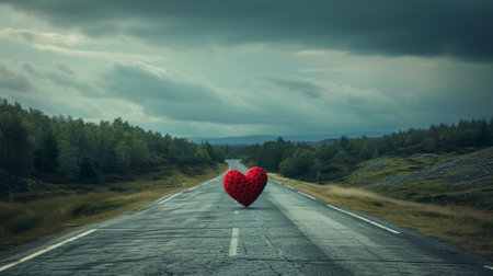 A heart shaped object on a road with trees in the background, AIの素材