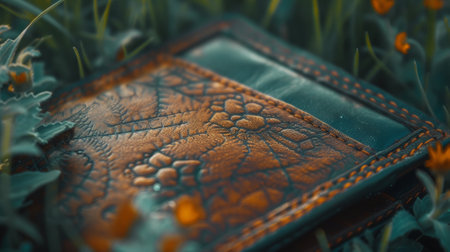 A close up of a wallet sitting in some grass, AIの素材