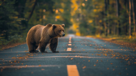 A brown bear walking across a road in the woods, AIの素材