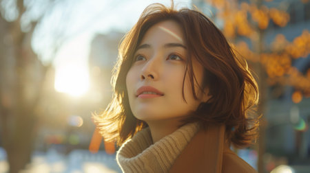 A woman with brown hair wearing a coat standing in the sun, AIの素材