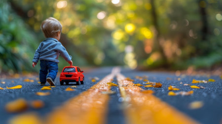 A small boy is playing with a toy car and driving it down the road, its very dangerous behavior, AIの素材