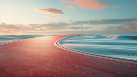 A red road that is going through the sand and water, AIの素材