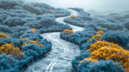 A road winding through a forest of yellow and blue flowers, AIの素材