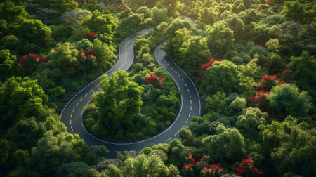 A winding road through a lush green forest, AIの素材