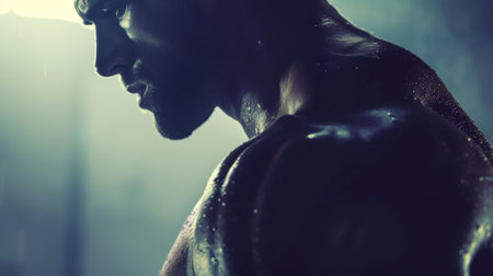 A man with a beard and no shirt standing in the dark, AIの素材