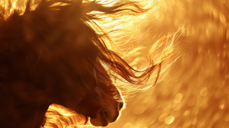 A close up of a horse with its hair blowing in the wind, AIの素材