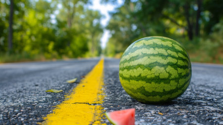 A watermelon sitting on the side of a road with one half eaten, AIの素材