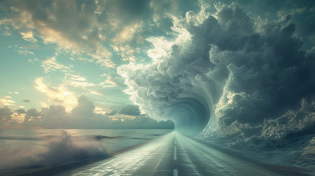 A road leading to a large wave in the ocean, AIの素材
