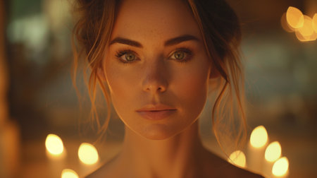 A woman with a close up of her face in front of candles, AIの素材